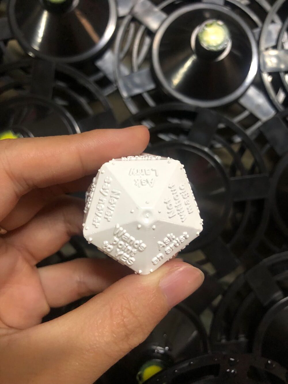 Branded 8 Ball floater text “Meet Us at Booth #208” in triangle display Branded 8 Ball floater text “Meet Us at Booth #208” in triangle display