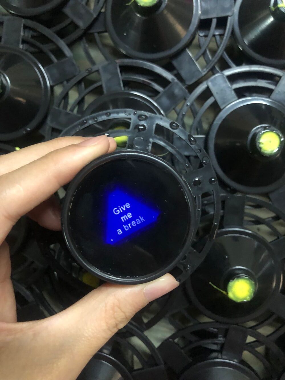 Custom 8 Ball floater showing “Let’s Talk Strategy” inside triangle window Custom 8 Ball floater showing “Let’s Talk Strategy” inside triangle window