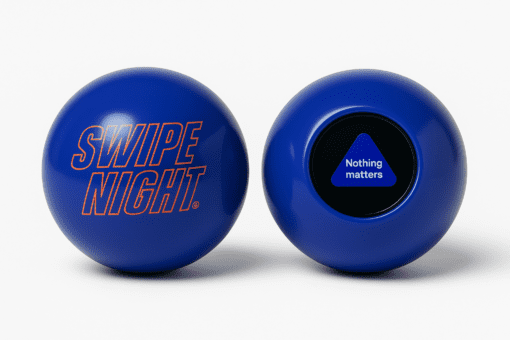 Custom regular size magic 8 balls with Swipe Night logo